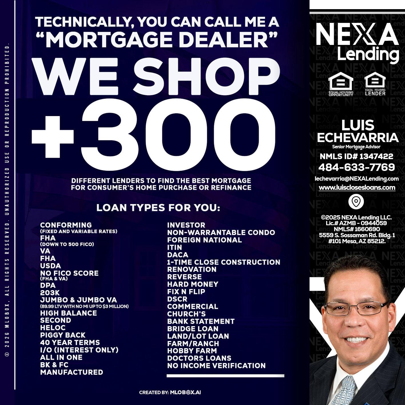 300+ LENDERS - Luis Echevarria -Broker/Senior Mortgage Advisor