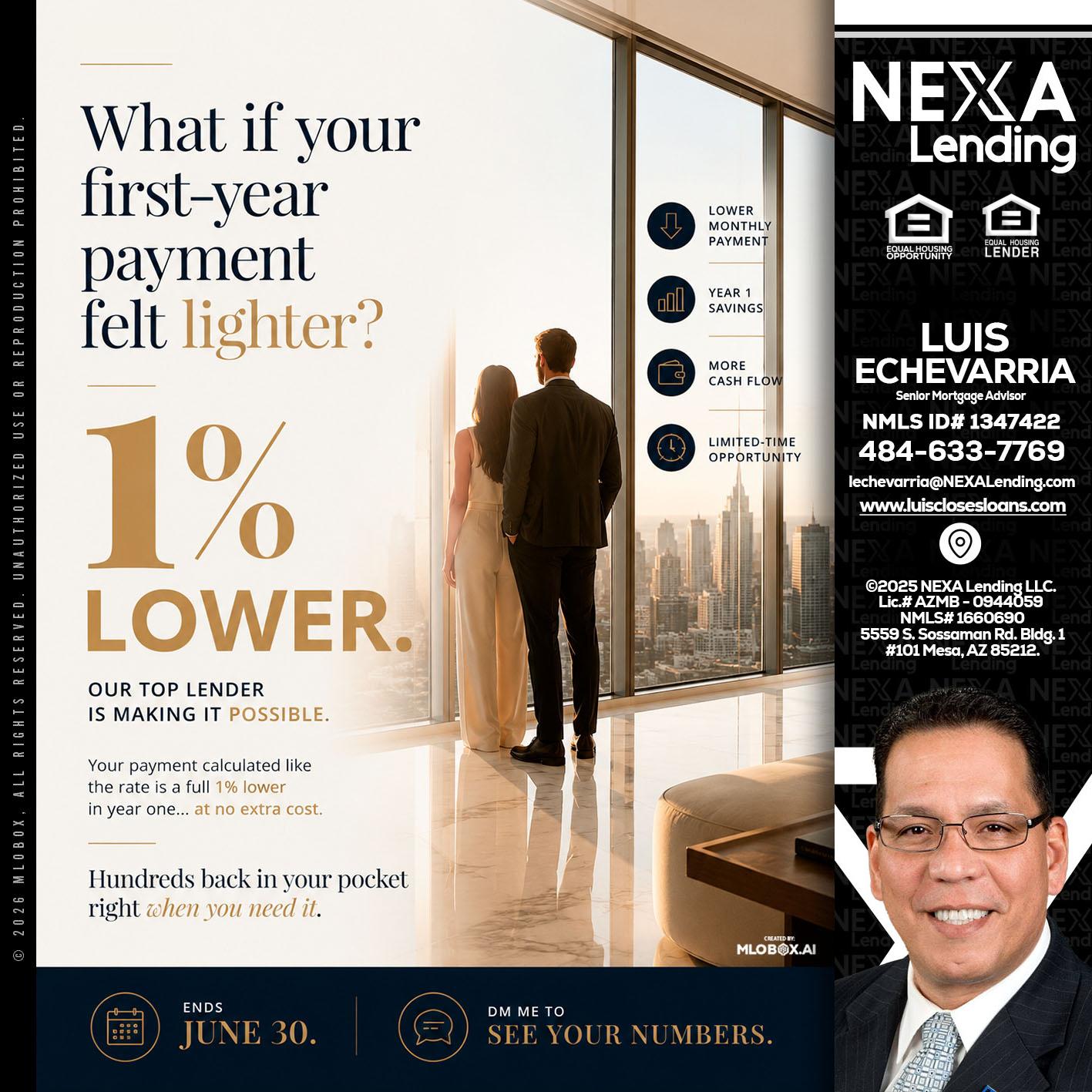 1% lower - Luis Echevarria -Broker/Senior Mortgage Advisor